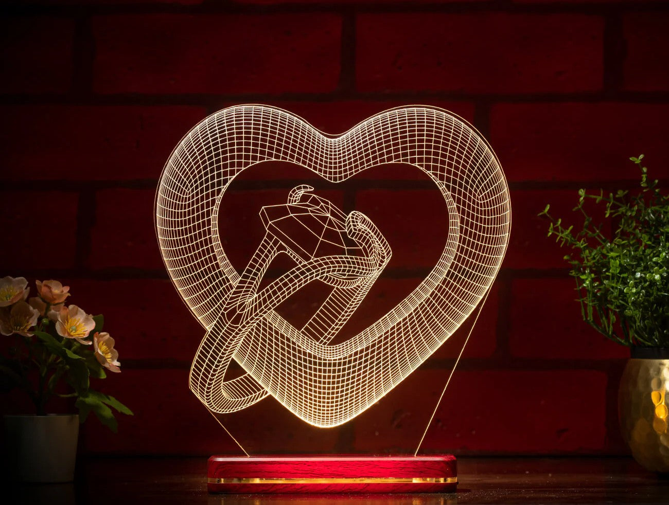 Heart With Diamond Ring For Couple Valentine LIT 3D Illusion Lamp