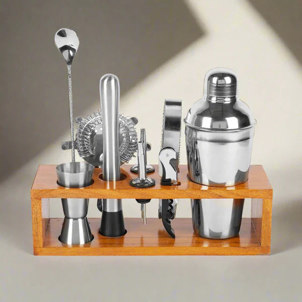 Aura Homes Signature Bar Tools Set: Luxury Edition with Elegant Wooden Stand - D
