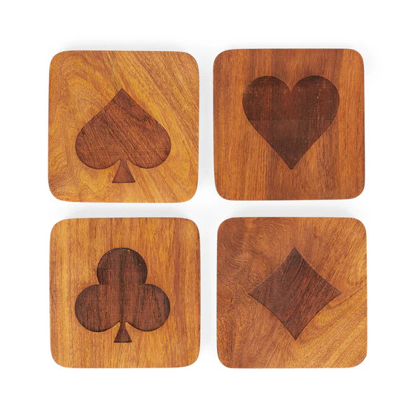 Wooden Coasters Set of 4 | Playing Card Suit Design (Spade, Club, Diamond, Heart) | Laser Etched Table Coasters