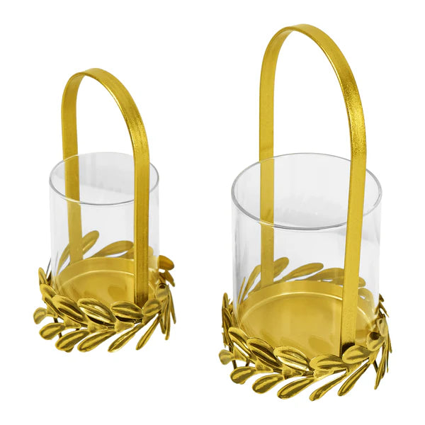 Golden Candle Holder for Home Decor with Glass - Set of 2