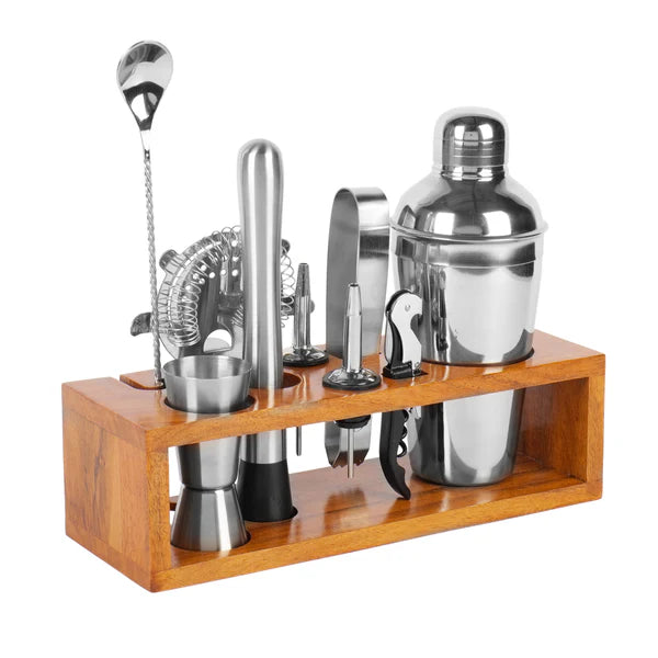 Aura Homes Signature Bar Tools Set: Luxury Edition with Elegant Wooden Stand - D