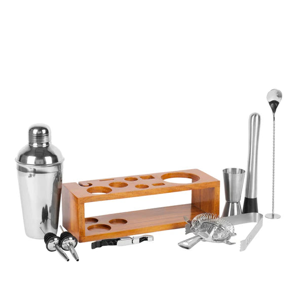 Aura Homes Signature Bar Tools Set: Luxury Edition with Elegant Wooden Stand - D