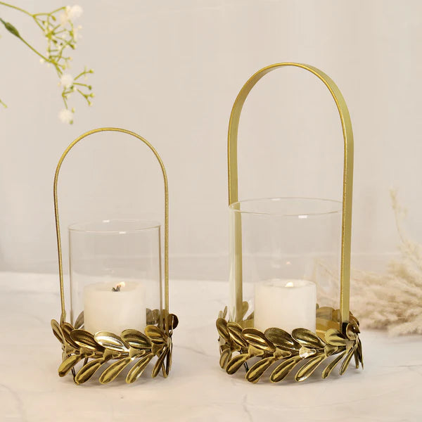 Golden Candle Holder for Home Decor with Glass - Set of 2