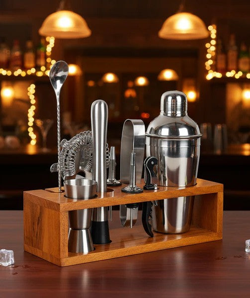 Aura Homes Signature Bar Tools Set: Luxury Edition with Elegant Wooden Stand - D